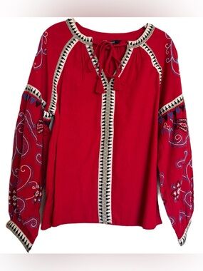 Next Red Boho Tribal Peasant Blouse Cotton Linen Blend Embroidered Tassels Sz S